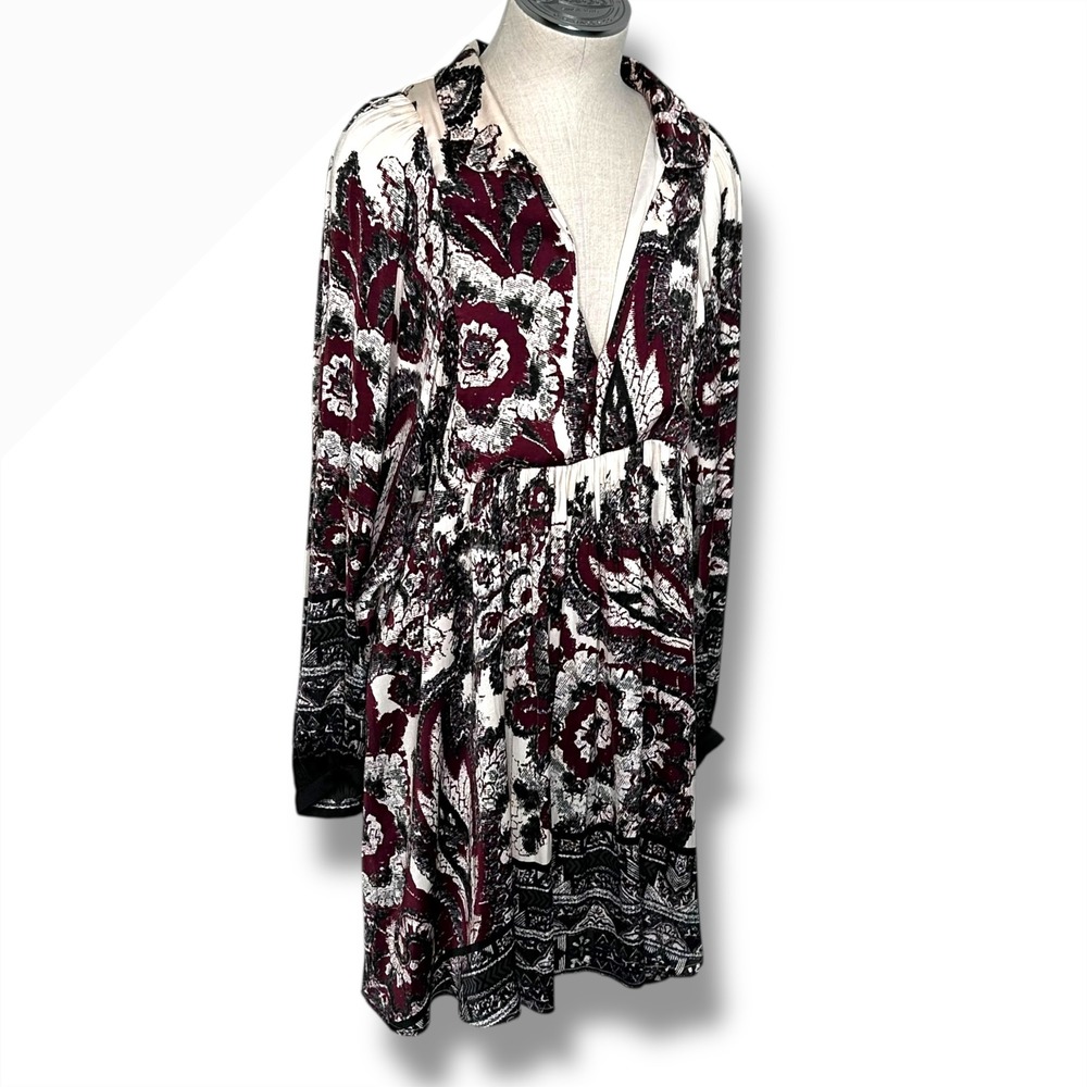 Free People Dress Size L Long Sleeve Floral Print Boho V Neck Mini Dress Hippie